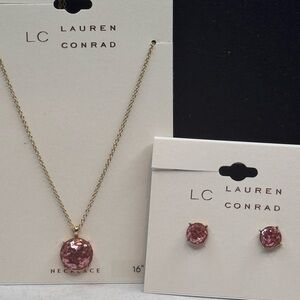 LC Lauren Conrad Gold Tone Pink Sparkle Pendant Necklace & Earring Set